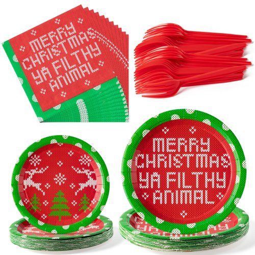 BHronony Christmas Plates Napkins Tableware - 96pcs Funny Xmas Movie Party Forks Dinnerware Set Decoration Supplies, Merry Christmas Ya Filthy Animal Disposable Tableware Favor for Holiday (24 Guests)