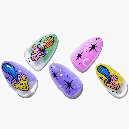 Lucid Color Press on Nails Short Almond, GLAMERMAID Light Purple Pink Gothic Fake Nails Medium, Summer Acrylic Gothic False Nail Kits for Women with Mushroom Design, Star Reusable Oval Stick Glue on Nails Sets