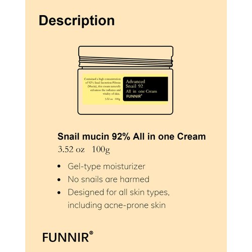 FUNNIR Snail Mucin 92% Repair Cream Face Moisturizer 100g, Face Cream for All Skin Types Youthful and Radiant Formula, Skincare Products