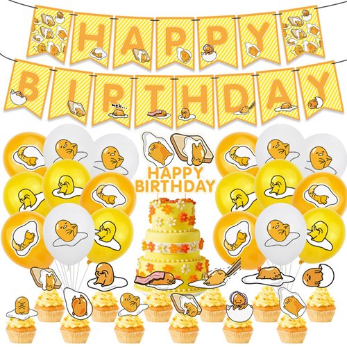 32Pcs Gudetama Birthday Party Supplies Party Favors Set For Kids Gudetama Cake Topper Cupcake Toppers Banner Balloons For Gudetama Birthday Party Decorations