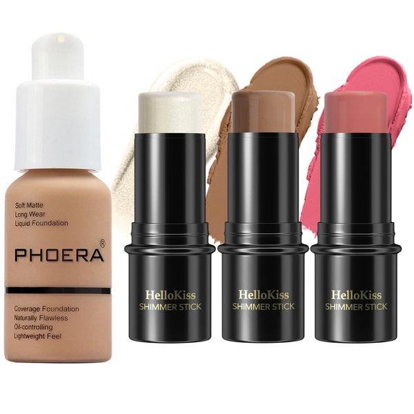 PHOERA Foundation,3 PCS Contour Stick Makeup Kit,Shades with Highlighter Stick,Blush Stick and Bronzer Contour,PHOERA Makeup Wrinkles Matte Natural Finish (105+Light-Medium Contour/Sand+#02,#10,#12)