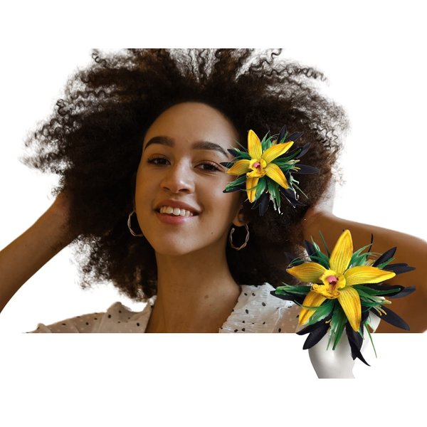 Yellow Orchid Flower Hair Clip For Women - Tropical Boho Hairpiece for Bridesmaids and Flower Girls Luau Costume Accessories for Teens Handmade in Hawaii by Aviella Aloha