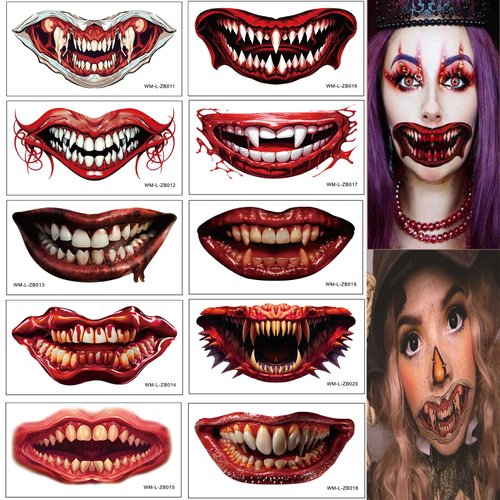 UCCASA 10 Sheets Halloween Clown Mouth Temporary Tattoos, 3D Realistic Horror Mouth Fake Tattoos stickers, Face lip Makeup Props Tattoo Waterproof Stickers for Women Man kids Cosplay party Decorations