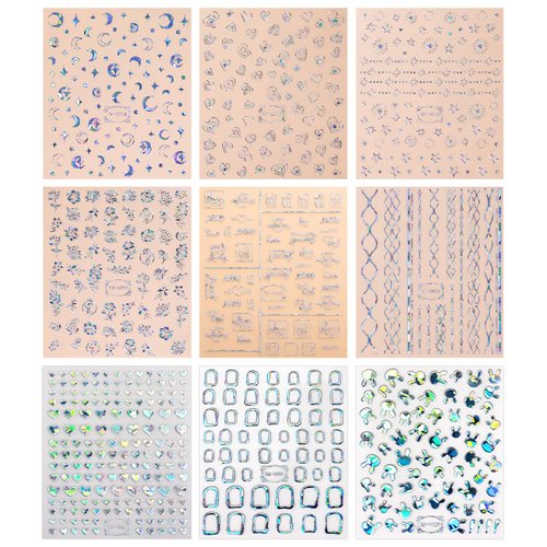 JMEOWIO 9 Sheets Aurora Holographic Moon Star Nail Art Stickers Decals Self-Adhesive Pegatinas Uñas Colorful Nail Supplies Nail Art Design Decoration Accessories