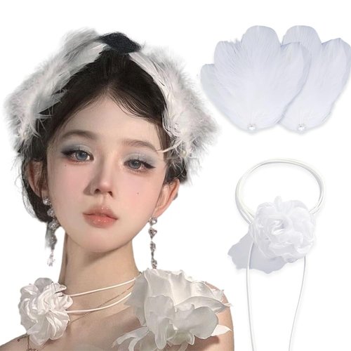 3 Pack Feather Hair Clips White Flower Choker for Women Girls, White Swan Feather Fly-Wing Shape Hair Barrette Hair Pins Accessories for Cosplay Costume Show Dancing Party Stage Performance Headpiece