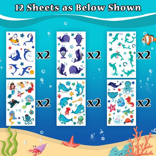 Partywind Luminous Blue Under Sea Temporary Tattoos for Kids, 170 Styles Glow Ocean Beach Pool Birthday Party Decorations Supplies Favors, Fake Tattoo Stickers for Kids (12 Sheets)