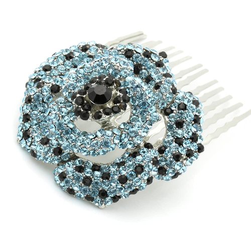 Medium Decorative Hair Comb Rhinestone Crystal Rose Bridal Hair Comb, Blue