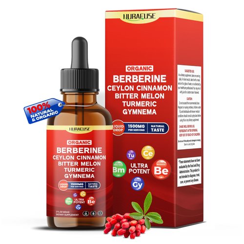 NURAFUSE Organic Berberine, Ceylon Cinnamon, Bitter Melon, Turmeric, Gymnema Liquid Drops – 1500mg per Serving, Ultra Potent – 2 FL OZ (60ml)
