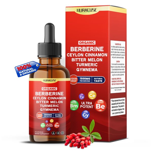 NURAFUSE Organic Berberine, Ceylon Cinnamon, Bitter Melon, Turmeric, Gymnema Liquid Drops – 1500mg per Serving, Ultra Potent – 2 FL OZ (60ml)