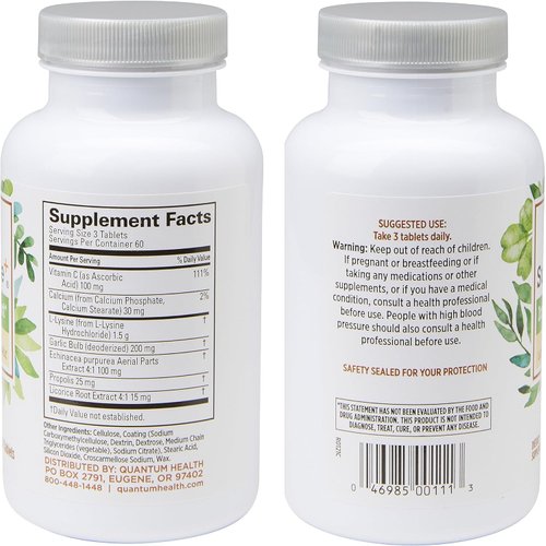 Quantum Health SuperLysine+ Advanced Formula Immune Support Supplement Lysine 1500 mg, Vitamin C Echinacea Licorice Bee Propolis & Odorless Garlic - 180 Tablets (Pack of 2)