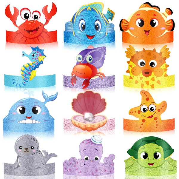 24 Pcs Under the Sea Party Hats - Ocean Theme Headbands for Girls and Kids, Sea Animals Paper Crowns for Birthday Decoration