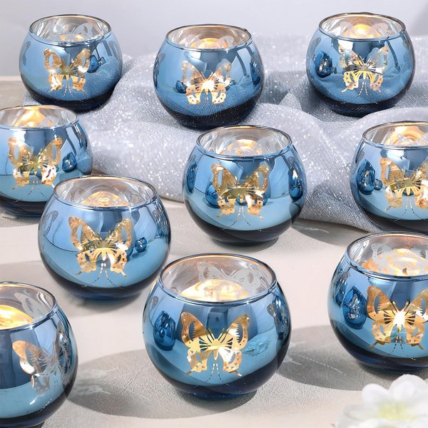 Blue Votive Candle Holders Set, 12 PCS Tea Lights Candle Holder Decorative Bulk with Butterfly Pattern, Candle Holders for Wedding, Blue Bridal Shower, Parties, and Holiday Decorations