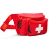 NOVAMEDIC First Aid Fanny Pack Stocked with 75 Piece Emergency Essentials, 8"x2"x6", Waist Bag w/ 3 Zippered Compartments & Adjustable Strap for Lifeguard, Hiking, Travel Men & Women, Durable, Red