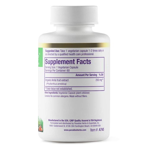 Paradise Herbs Organic Amla Extract with Vitamin C, Ayurvedic Rejuvenator, Gluten Free, Non GMO, Vegan, 60 Capsules