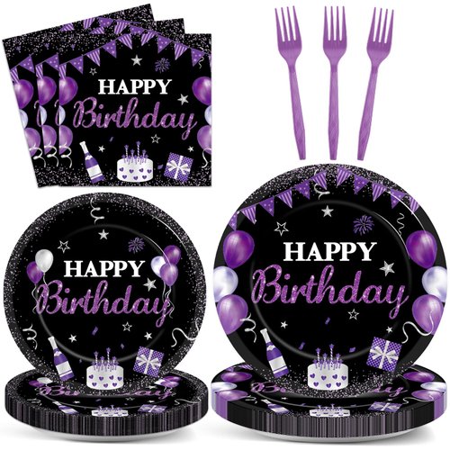 96Pcs Purple Birthday Party Supplies Purple and Black Paper Plates Napkins Happy Birthday Party Tableware Set Purple Dinnerware for Women Girl Men Birthday Party Baby Shower Decoration Serve 24