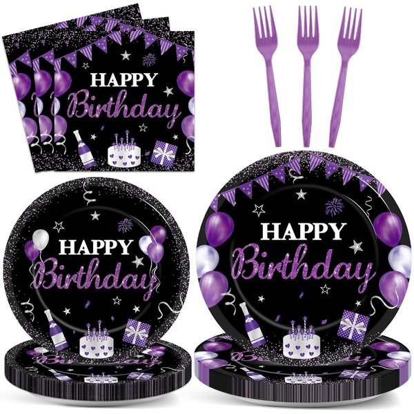 96Pcs Purple Birthday Party Supplies Purple and Black Paper Plates Napkins Happy Birthday Party Tableware Set Purple Dinnerware for Women Girl Men Birthday Party Baby Shower Decoration Serve 24