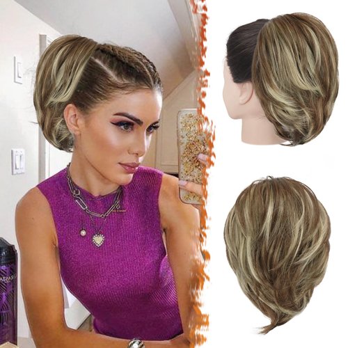 BARSDAR Straight Hair Bun Extension, 8 Inch Claw Clip Short Straight Ponytail Bun Extensions Synt...