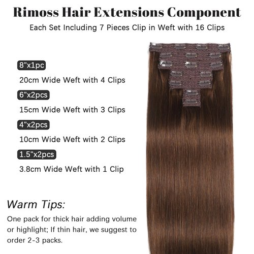Rimoss Clip in Hair Extensions Real Human Hair, Chocolate Brown Hair Extensions Real Human Hair Clip ins Straight, Premium Soft 7pcs Remy Human Hair Clip in Extensions for Women (#4 14 Inch)