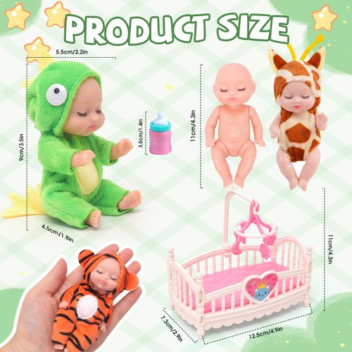 HAPGFS 12 PCS Mini Baby Dolls Set, Reborn Baby Doll 4 Inch with Feeding Bottles for Kids 3+, Girls Birthday Party Favors Realistic Babies with Animal Clothes for Easter Egg Filler