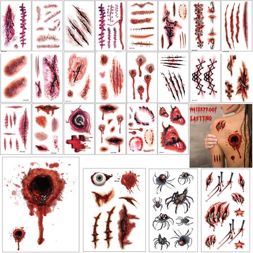 26 Sheets 3D Fake Scars Tattoo Temporary Halloween Makeup Kit, Fake Stitches Tattoos Cut Scary Face Wound Blood Chucky Scars Tatoos For Kids Women Men Zombie Sticker