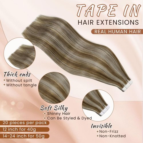 Hetto Human Tape in Hair Extensions Remy Tape in Extensions #613 Bleach Blonde Highlight #10 Golden Blonde Straight 20 Inch Tape on Hair Invisible Glue in Extensions 20pcs 50g