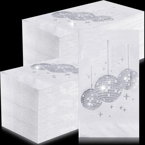 100 Pcs Disco Party Cocktail Napkins with Silver Foil Guest Towel Napkins Paper Disposable 70s 80s 90s Party Supplies Cocktail Napkins for Wedding Birthday Graduation 3 ply 4 x 8 In (White Background)