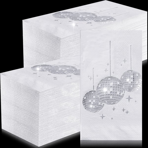 100 Pcs Disco Party Cocktail Napkins with Silver Foil Guest Towel Napkins Paper Disposable 70s 80s 90s Party Supplies Cocktail Napkins for Wedding Birthday Graduation 3 ply 4 x 8 In (White Background)