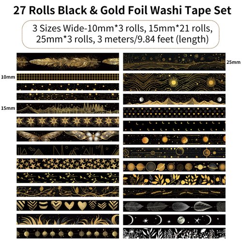 NANYNNU Black Washi Tape Set, 27 Rolls Black Gold Foil Decorative Masking Tape for Bullet Journaling, Scrapbooking Supplies, Watercolor Painting