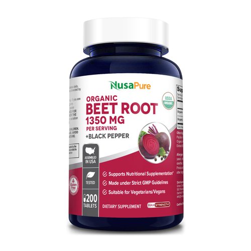 NusaPure Beet Root 1,350 mg 200 Organic Tablets (Vegetarian, USDA, Non-GMO & Gluten-Free) with Black Pepper
