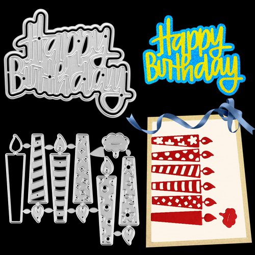 2 Pack Birthday Metal Cutting Dies Stencils, MIKIMIQI DIY Craft Metal Scrapbooking Dies Cuts Happy Birthday Candle Embossing Stencils Template for Card Making Scrapbooking Craft Paper Decor