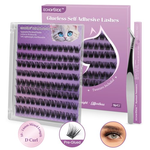 ECHOVERDE Self Adhesive Eyelashes No Glue Needed10-14MM Length, Wispy Lash Clusters, D Curl, Volume Natural Lashes with Tweezers Included, Press On Lashes that are Beginner Friendly (0.07D, 96pcs)