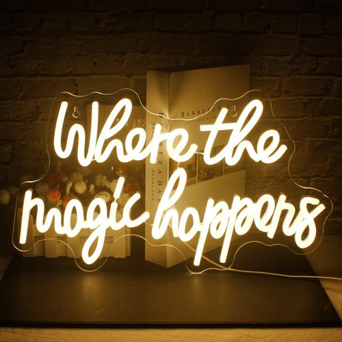FAXFSIGN Where The Magic Happens Neon Sign Led Warm White Word Light Up Signs for Wall Decor Usb Powered Letter Neon Light Signs Indoor Light for Bedroom Salon Decor Wedding Birthday Party Bar