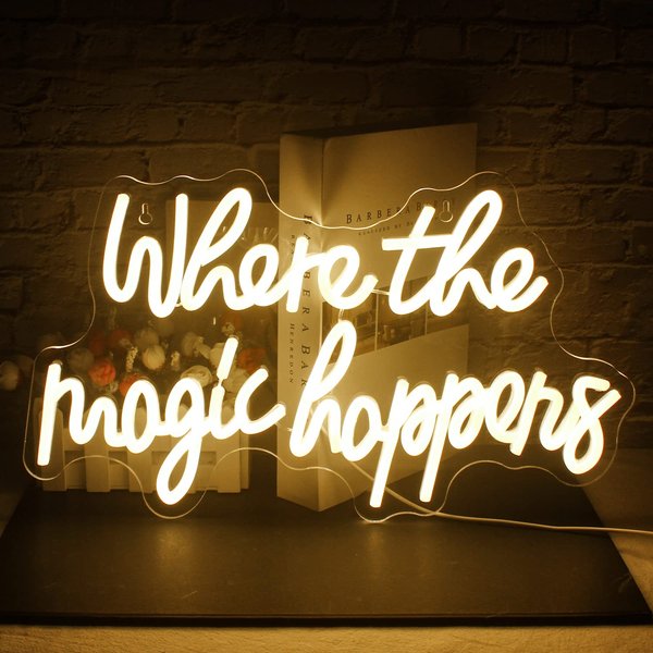 FAXFSIGN Where The Magic Happens Neon Sign Led Warm White Word Light Up Signs for Wall Decor Usb Powered Letter Neon Light Signs Indoor Light for Bedroom Salon Decor Wedding Birthday Party Bar