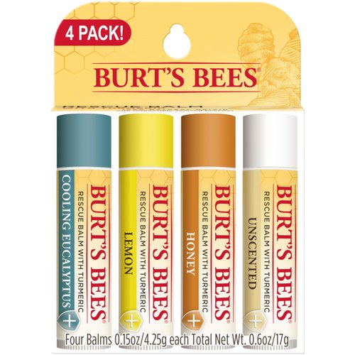Burt's Bees Rescue Balm Cooling Eucalyptus, Lemon, Honey and Unscented Lip Balm Pack, With Antioxidant-Rich Turmeric, Tint-Free, Natural Origin Lip Care, 4 Tubes, 0.15 oz.