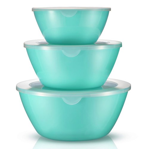 Wehome Mixing Bowls with Lids Set，Plastic Mixing Bowls for Kitchen Preparing，Serving and Storing，Set of 3-Includes 3 Bowls and 3 Lids，BPA-FREE Neat Nesting Bowls with Sealing Lids (Aqua)