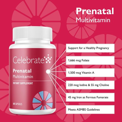Celebrate Vitamins Bariatric Prenatal Multivitamin Capsules with Folate (Folic Acid), Vitamin A, Iron, Iodine, and Choline, for Roux en Y and Sleeve Gastrectomy Patients, 60 Count
