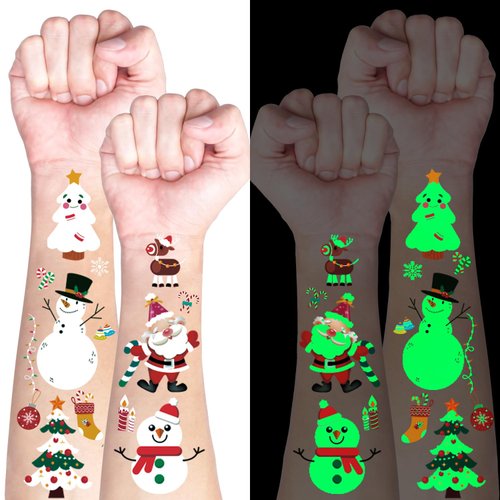 Luminous Christmas Temporary Tattoos for Party Decorations, Glow Christmas Stocking Stuffers for Kids Party Favors Supplies, Xmas Holiday Stickers Gifts for Kids Boys Girls - 10 Sheets
