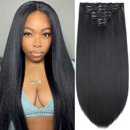 14 Inch Kinky Straight Clip in Hair Extensions Natural Black 7 Pcs Yaki Straight Clip in Hair for Black Women 100G Full Head Yaki Straight Seamless Clip in Synthetic Hair