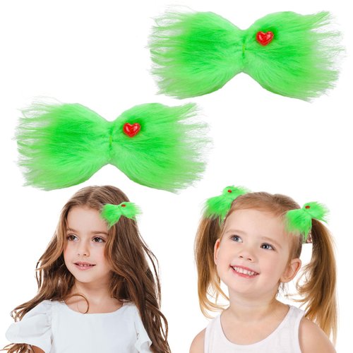 Whaline 2Pcs Christmas Green Furry Hair Bow Clips Green Xmas Hair Barrettes with Red Heart Alligator Clips for Women Festival Costume Hair Accessories