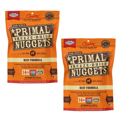 Primal Freeze Dried Dog Food Nuggets, Beef; Complete & Balanced Meal; Also Use as Topper or Treat; Premium, Healthy, Grain Free, High Protein Raw Dog Food, 14 oz (Pack of 2)