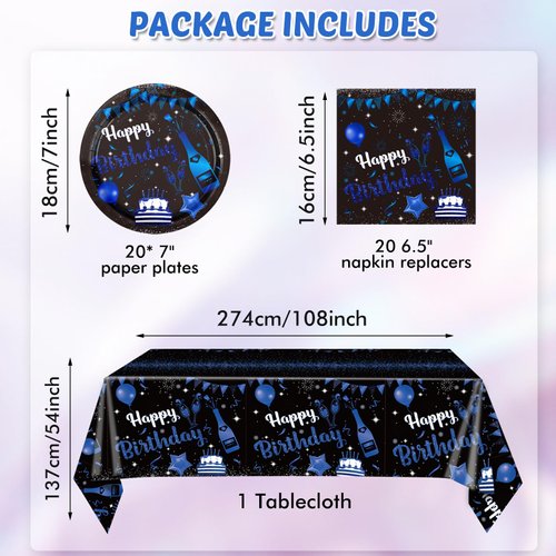 41PCS Navy Blue and Black Birthday Party Decorations Happy Birthday Tableware Supplies Set Including Plates Napkins Tablecloth for Men Women