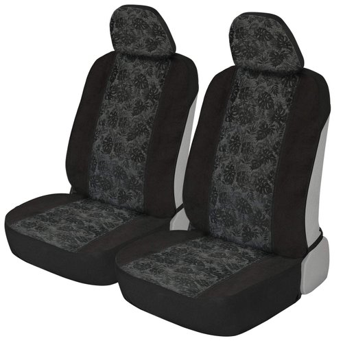 BDK Black Maui Car Seat Covers for Front Seats, 2 Pack – Tropical Pattern with Matching Headrest, Sideless Design for Easy Installation, Fits Most Car Truck Van and SUV