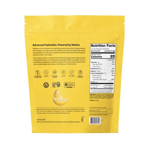 Cure Hydrating Plant Based Electrolyte Mix | FSA & HSA Eligible | Powder for Dehydration Relief | Made with Coconut Water | Non-GMO | No Added Sugar | Vegan | Paleo | Pouch of 14 Packets - Lemonade