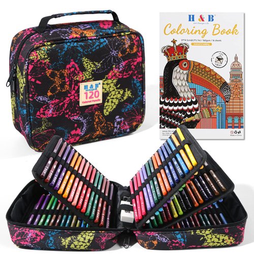 H & B 120-Color Colored Pencils Set with Coloring Book, Eraser, and Sharpener - Perfect for Drawing and Coloring - Soft Oil-Based Cores Ideal for Adults, Kids, and Beginners