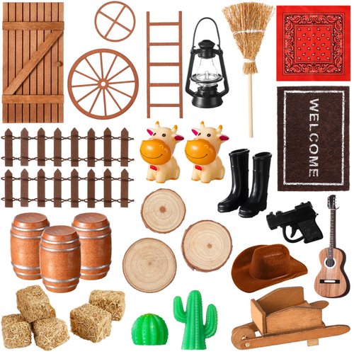 Cinnvoice 35 Pcs Cowboy Elf Doors House Kits Miniature Western Figures Dollhouse Accessories Set Elf Birthday Party DIY Craft for Boys Girls Garden Wall Table Indoor Outdoor Decor Christmas party Gift