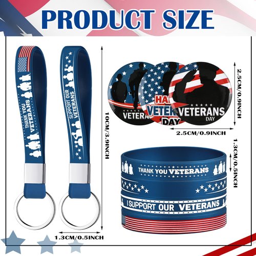 Sotiff Veterans Day Party Favors Set Includes Veterans Bracelets Keychain Button Pins for Veterans Day Gifts Bulk Decoration Memorial Day Army Accessories Gift Party Supplies (72 Pcs)