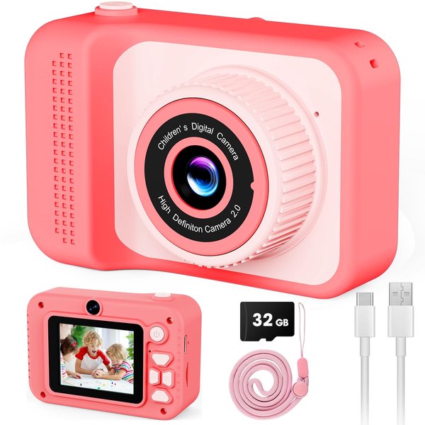 Kids Camera Toy for Age 3-8 Boys Girls, Birthday for Toddler3 4 5 6 7 8 Years Old, Children Selfie Digital Video Cameras with Protective Silicone Cover, 32GB SD Card, HD 1080p (Pink)