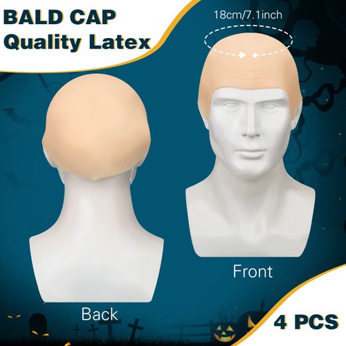8 Pcs Halloween Bald Head Cap Party Costume Include 4 Makeup Latex Bald Caps and 4 Hair Wig Caps for Adults Kids Women Men (Universal)