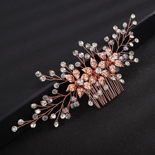 Teyglen Wedding Hair Comb Bridal Flower Rhinestone Hair Comb Headband Gold Silver Crystal Hair Pieces Vintage Headpieces Hair Jewelry for Bride Women Girls (Rose Gold)