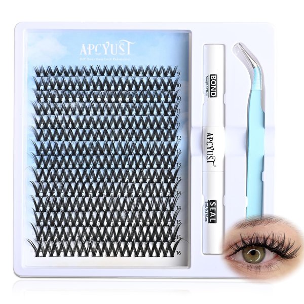 APCYUST Lash Clusters Kit 9mm-16mm Eyelash Clusters C curl Lash Extension Kit Individual Lashes Cluster DIY Wispy Volume Lashes Natural Eye Lash Clusters False Mink Lash Trays with Lash Bond&Tweezers